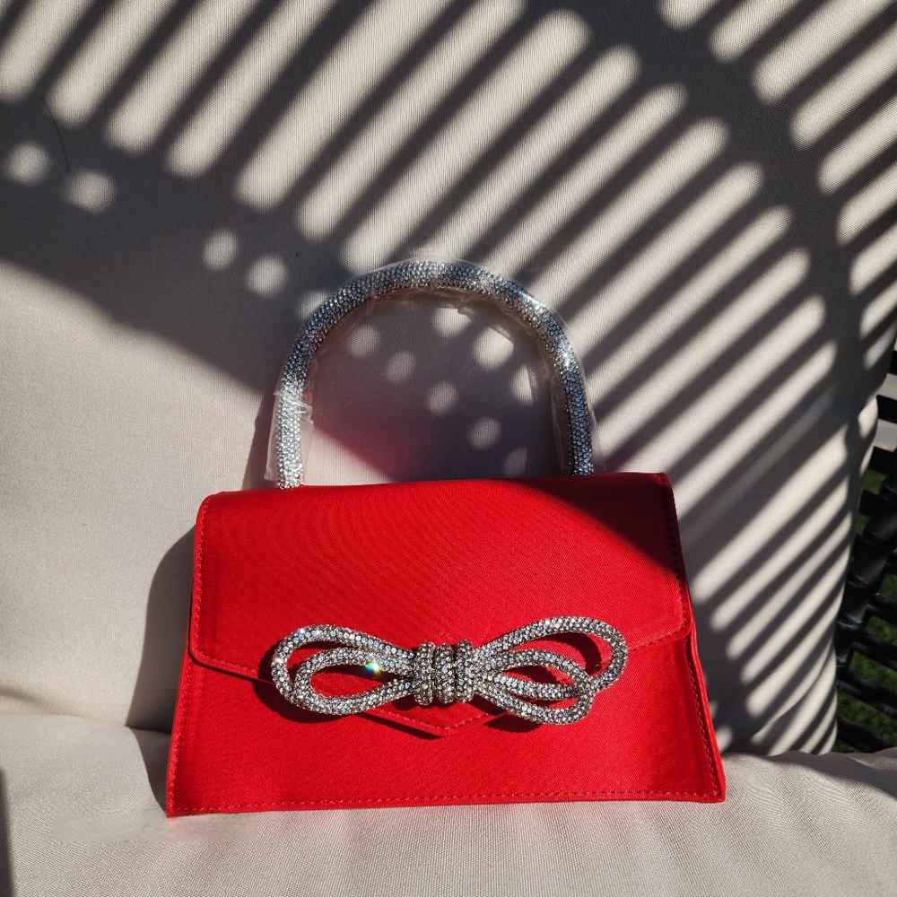 Women's Rhinestone Bow Accent Top Handle Red Satin Flap Handbag - Picture 9 of 11